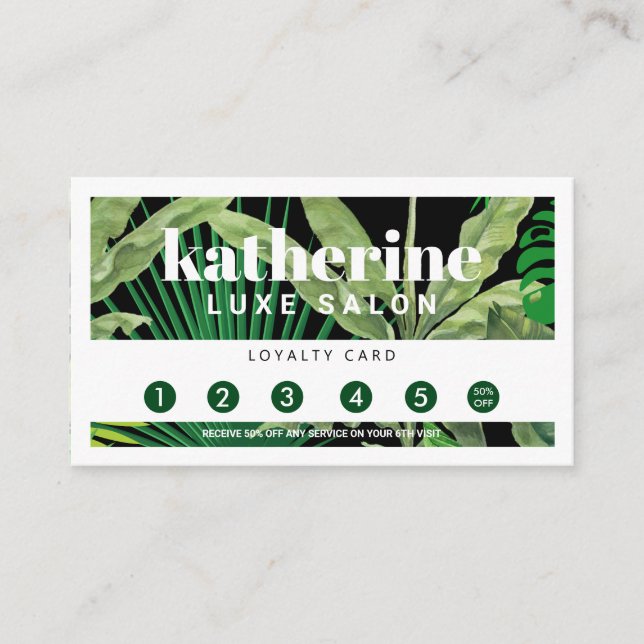 Luxus Tropical Moderne Boutique & Salon Black Treuekarte (Vorderseite)