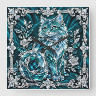Luxus Türkis Kristall Katze Silberrahmen Quadratische Wanduhr