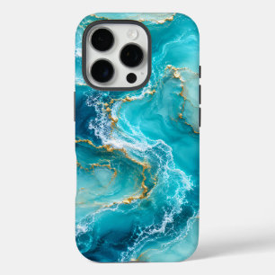 Luxus-Türkises-Ozean-Marmor mit Goldfolien-Wellen iPhone 16 Pro Hülle