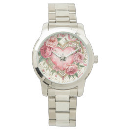 Luxus, Valentinstag, Liebe Rosa Herz und Blumen Armbanduhr