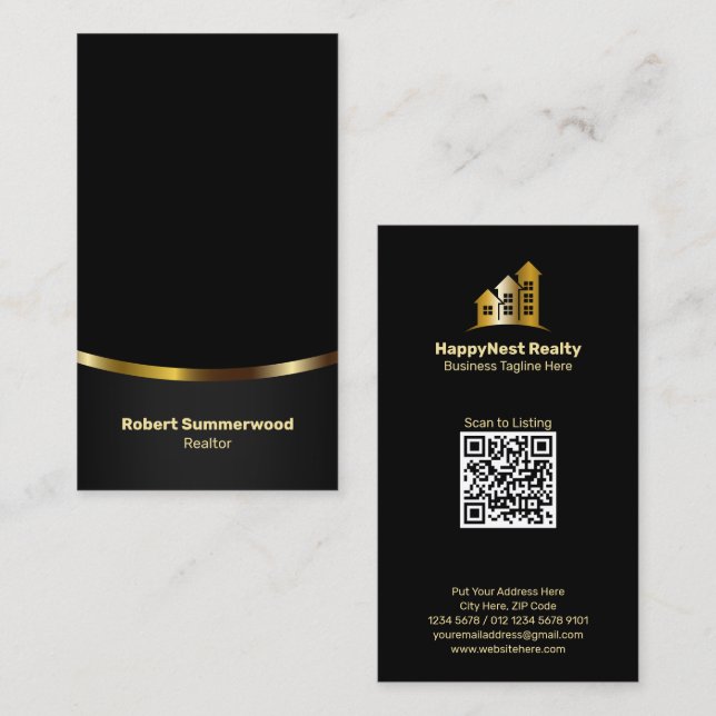 Luxus Vertikal Real Anwesen Agent Foto Black Gold Visitenkarte (Vorne/Hinten)