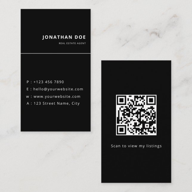 Luxus-Vertikaler-Schwarz-QR-Code-Makler  Visitenkarte (Vorne/Hinten)