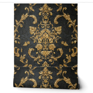 Luxus-Vintage-Damask-Royal-Schwarz-Blumen-Gold Tapete