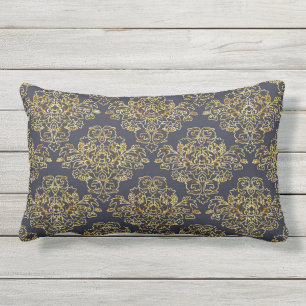 Luxus, vintage, elegant, marineblau, gold, floral kissen für draußen