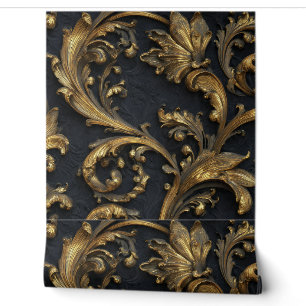 Luxus-Vintage Französisch Barock Schwarz Gold Roya Tapete