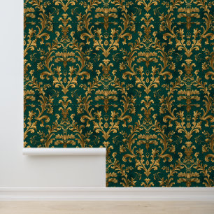 Luxus-Vintage-Französisch-Barock-Smaragdgrün-Gold Tapete