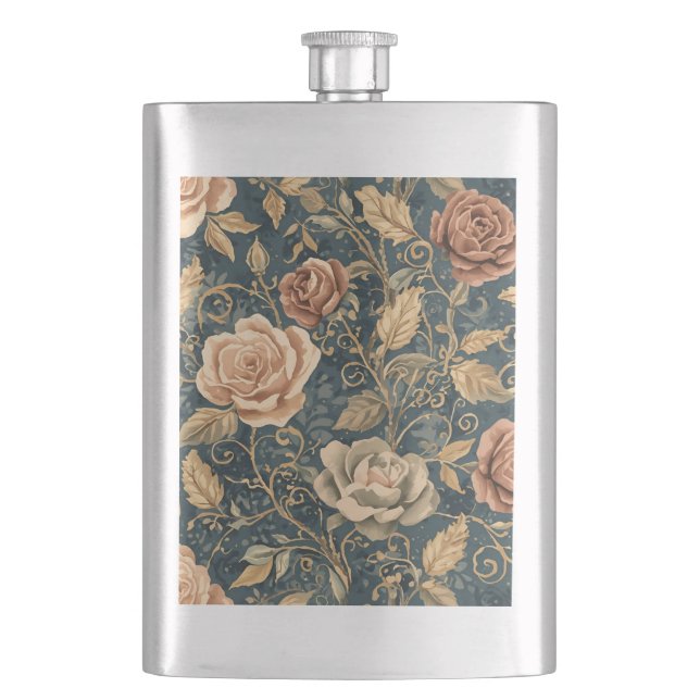 Luxus, Vintage, Rosengarten, blauer Hintergrund Flachmann (Vorderseite)