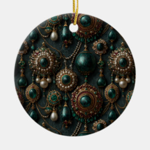 Luxus-Vintage-Smaragd- und Perlen-Schmuckmuster Keramik Ornament