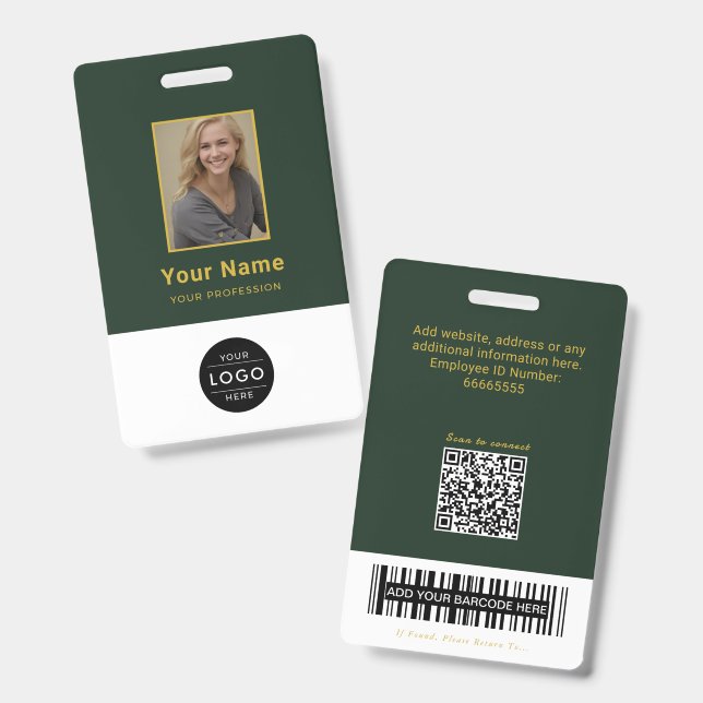 Luxus-Waldgrün-Gold-QR-Code-ID-Barcode Ausweis (Vorder- & Rückseite)