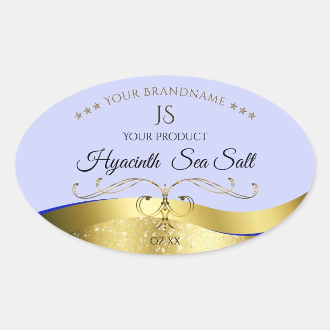 Luxus Wavy Gold Light Blue Monogram Product Label Ovaler Aufkleber (Vorderseite)
