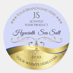 Luxus Wavy Gold Light Blue Monogram Product Label Runder Aufkleber
