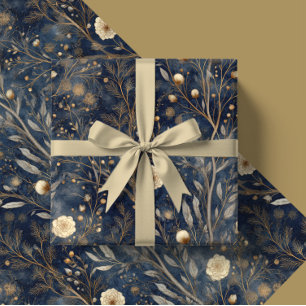 Luxus-Weihnachts-Geschenk in Navy und Creme Blumen Geschenkpapier