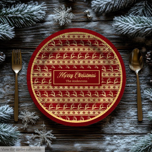 Luxus-Weihnachtsplatten Benutzerdefiniert Rot Gold Pappteller (Lux Christmas Plates Custom Red Gold Reindeer)