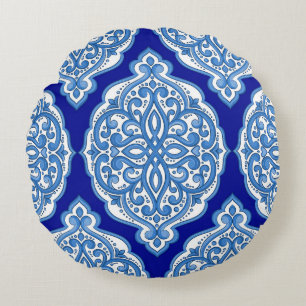 Luxus weiß-blau, türkisches Ornament. Rundes Kissen