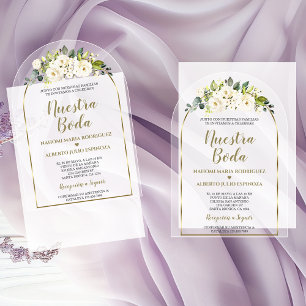 Luxus Weiße Blumen Gold Spanische Nuestra Boda Acryleinladungen