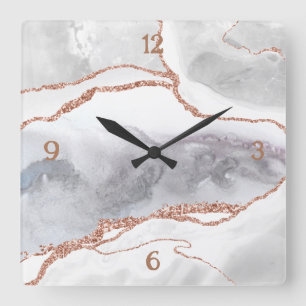 Luxus Weiße Roségold Glitter Achat Quadratische Wanduhr