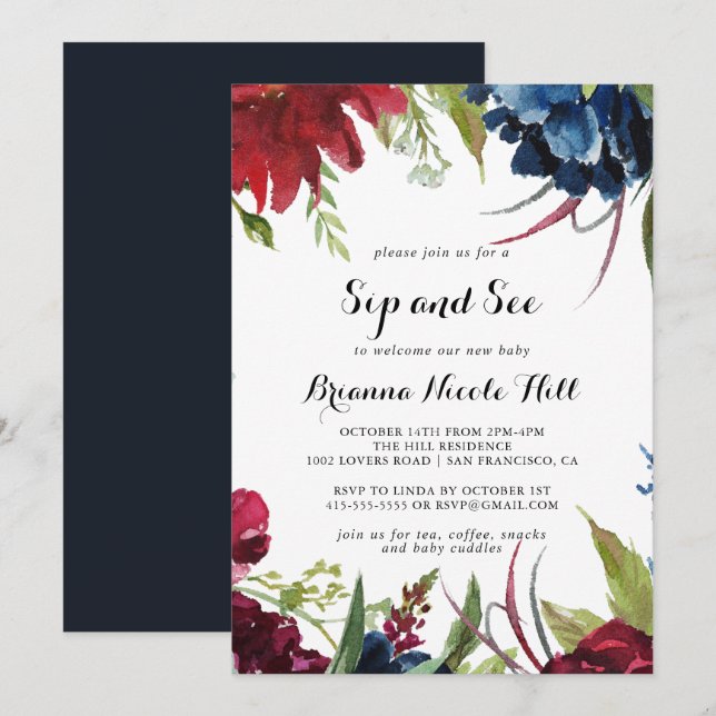 Luxus Whimsical Boho Floral Sip und See Einladung (Vorne/Hinten)