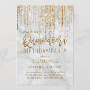 Luxus White Gold Glitzer Pearl Marble Quinceañera Einladung