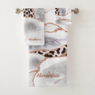 Luxus White Rose Gold Agate Leopard Print Badhandtuch Set