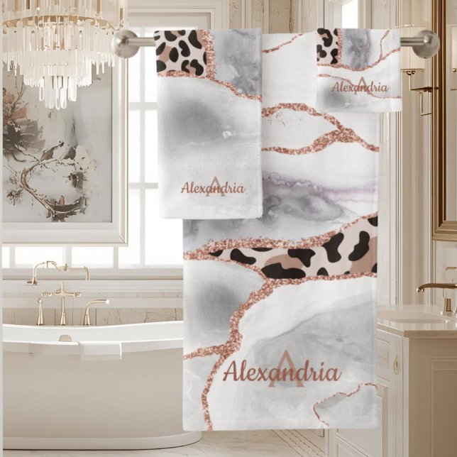 Luxus White Rose Gold Agate Leopard Print Badhandtuch Set (Von Creator hochgeladen)