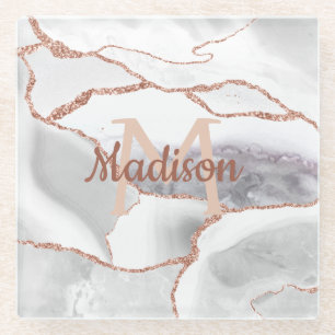 Luxus White Rose Gold Agate Monogram Glitzer Glasuntersetzer