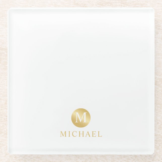 Luxus White und Gold Personalisiert Monogram Glasuntersetzer (Vorderseite)
