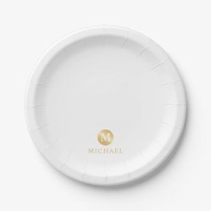 Luxus White und Gold Personalisiert Monogram Pappteller