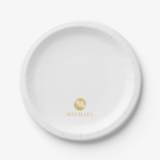Luxus White und Gold Personalisiert Monogram Pappteller (Vorderseite)