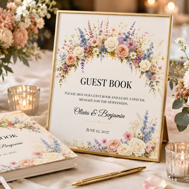 Luxus-Wildblumen-Gästebuch-Schild Sockelschild (Part of the luxury wildflower meadow wedding theme collection, guest book sign)
