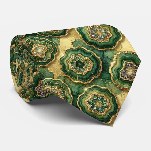 Luxusanzug Krawatte | Waldgrüne Gold-Geode Krawatt (Gerollt)