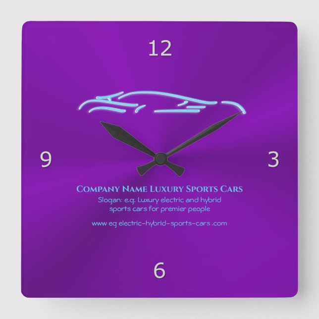 Luxusautologo - Ice Blue Sports Car auf lila Quadratische Wanduhr (Vorderseite)