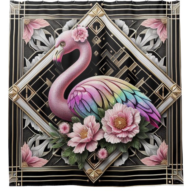 Luxusbadezimmer | Art Deco Flamingo Duschvorhang (Vorderseite)