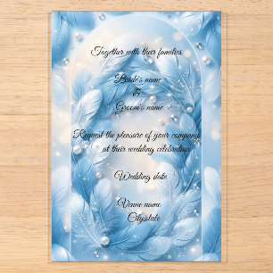 Luxusblaue Feder- und Diamantbogen-Hochzeit Acryleinladungen