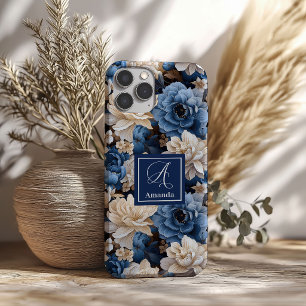 Luxusblaue und elfenbeinfarbene Blumen Elegante Ha iPhone 16 Hülle