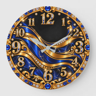 Luxusblaue und goldene, juwelenbesetzte Wellenwand Große Wanduhr
