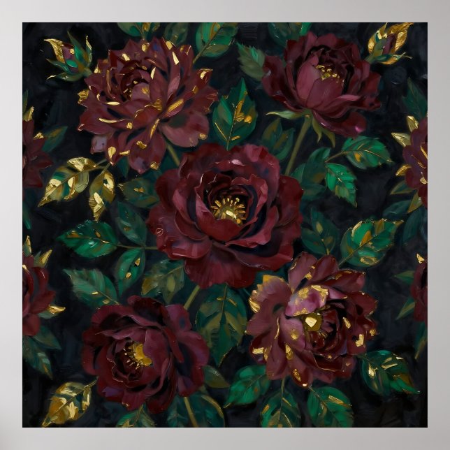 Luxusbordüre-Rosen Goldblatt-Blumen Poster (Vorne)