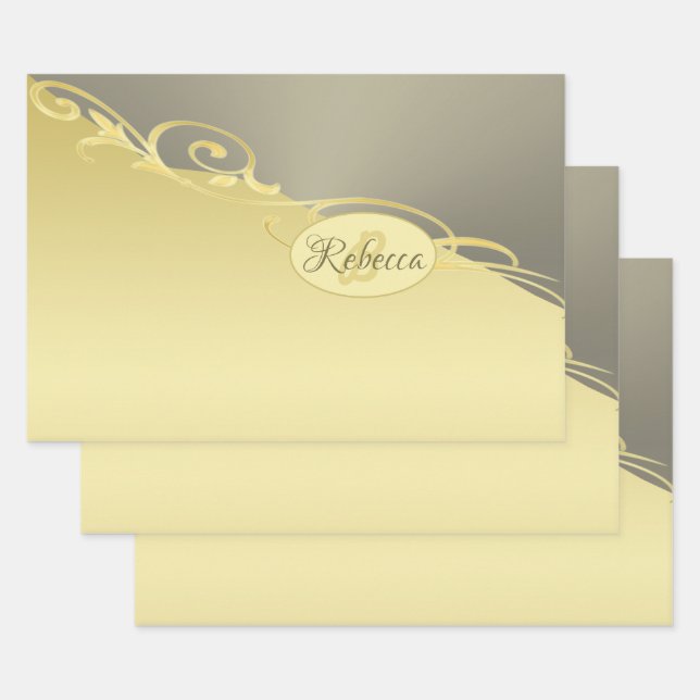 Luxusgold dekoriert auf Gold & Silber, Monogram, Geschenkpapier Set (Set)