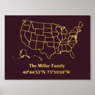 Luxusgold US-Karte Längengrad Zuhause real Foliendrucke