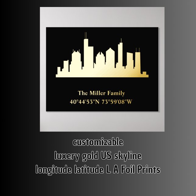 Luxusgold US skyline Längengrad L A Foliendrucke (luxery gold US skyline longitude latitude L A Foil Prints)