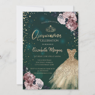 Luxusgoldenes Kleid,Diamanten,Blumen Quinceañera Einladung