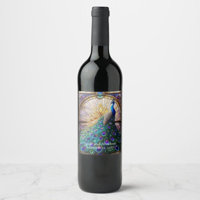 Luxushochzeit: Glass Peacock Wine Labels Weinetikett (Vorderseite)