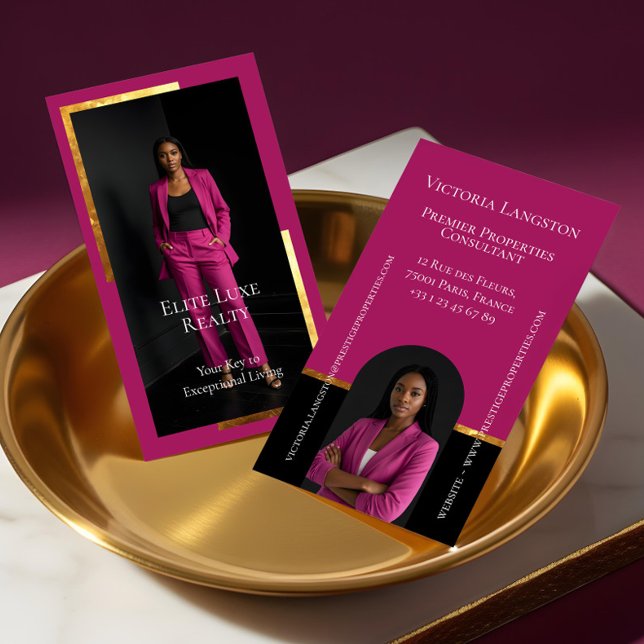 Luxusimmobilien Elegant Schwarz Gold & Rosa Foto Visitenkarte (Luxury Real Estate Elegant Black Gold & Pink Photo Business Card)