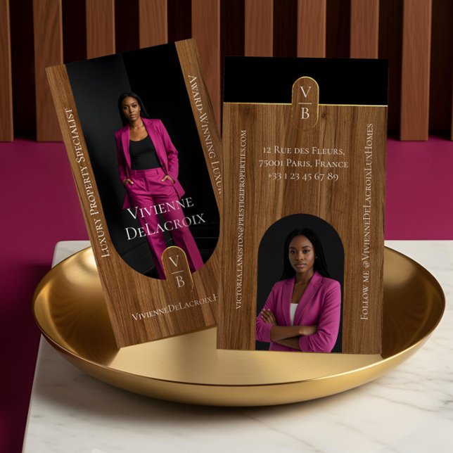 Luxusimmobilien Elegante Holzmaserung & Gold Foto Visitenkarte (Luxury Real Estate Elegant Woodgrain & Gold Photo Business Card)