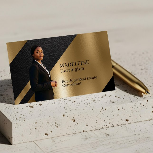 Luxusimmobilien Schwarz & Gold Schwarzes Leder Lux Visitenkarte (Luxury Real Estate Black & Gold Black Leather Luxe Business Card)