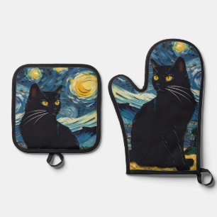 Luxusküche: Black Cat Starry Night Van Gogh Ofenhandschuh & Topflappen-Set