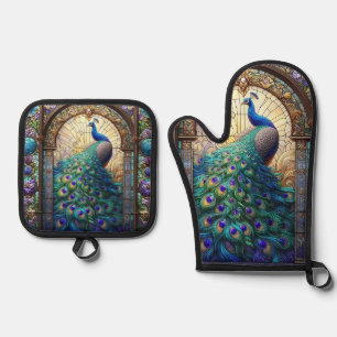 Luxusküche: Buntglas-Pfau Ofenhandschuh & Topflappen-Set