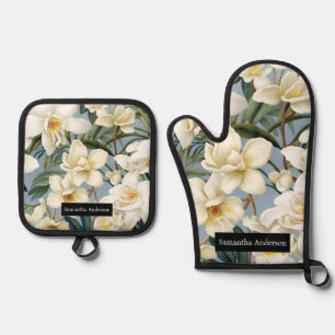 Luxusküche: Elegante weiße Orchideen Ofenhandschuh & Topflappen-Set