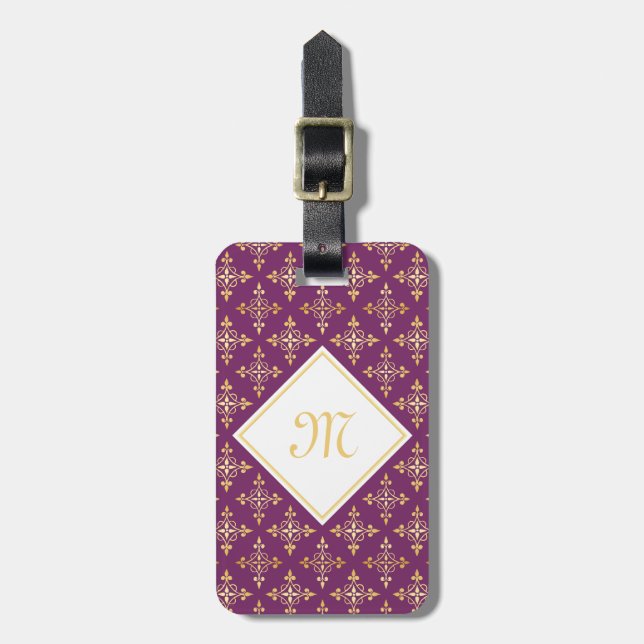 Luxusmonogramm lila und Gold Quatre mit Blumen Gepäckanhänger (Vorderseite vertikal)