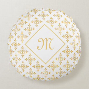 Luxusmonogramm-Weiß und Gold Quatre mit Blumen Rundes Kissen