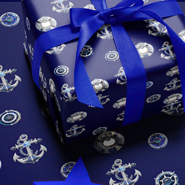Luxusseavy und Perl White Nautical Themed Geschenkpapier (Von Creator hochgeladen)